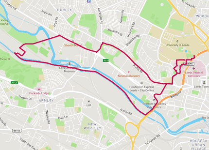 Leeds Liverpool Canal and Kirkstall 5 Mile run route map card image